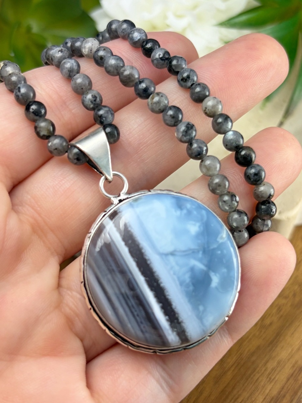 Big Owyhee Blue Opal Pendant Moonstone Necklace 925 Sterling Silver Overlay New